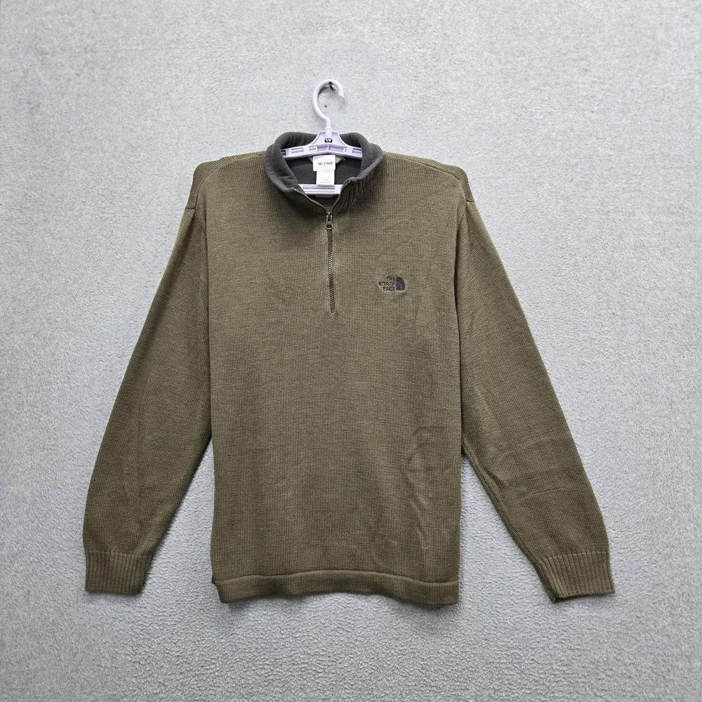 VINTAGE The North Face Men Sweatshirt L Olive A5 Wool Embroidered Quarter Zip